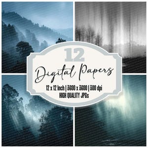 May include: A digital art print featuring four landscape images with a misty, atmospheric effect. The images are in shades of blue and gray, with trees and mountains. The central design element reads "12 Digital Papers".
