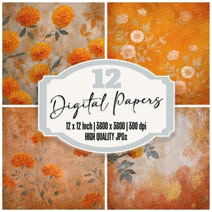 Paquete de 12 papeles digitales para diario basura con textura de flores naranjas, de alta calidad, con diseño floral de caléndula y arcilla, en formato JPG.