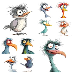 Schrullige Vögel Set Clipart, 12 JPGs, lustiger Vogel druckbares Bild, lustige Vogel Illustration, Wand Kunst, digitaler Download, Junk Journals, T-shirt