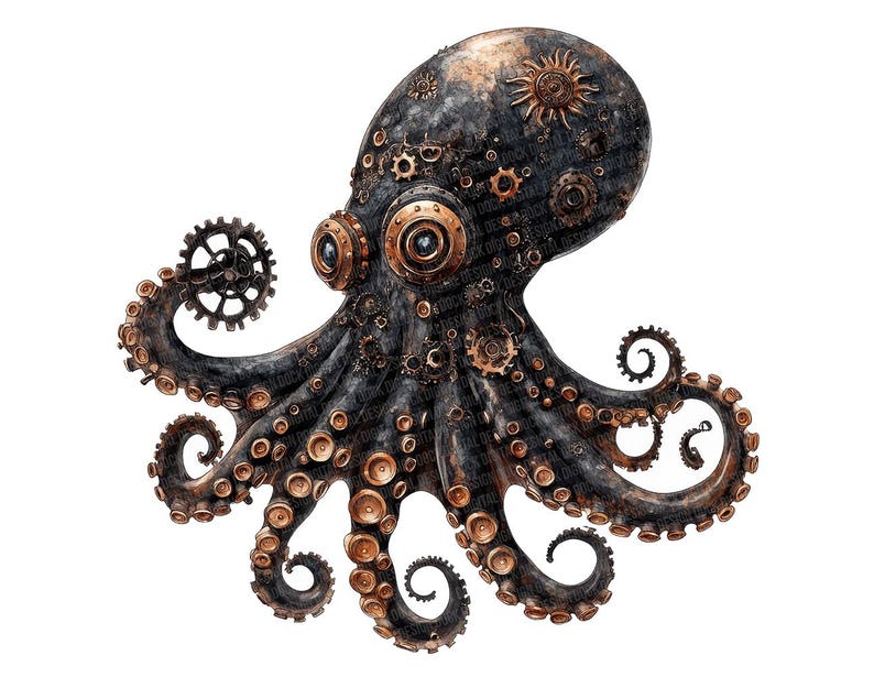 Steampunk Octopus PNG-clipart, 12 x mechanische Kraken-illustraties, afdrukbare aquarel koppotigen illustratie, Paper Crafts, digitale download afbeelding 10