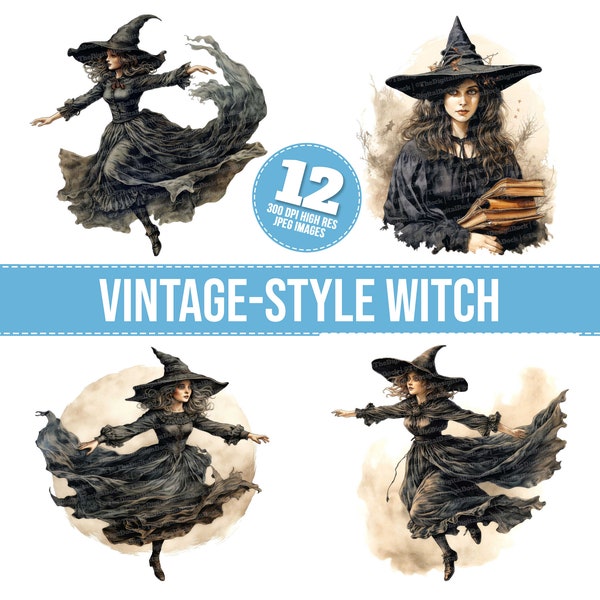 Vintage-Style Witch Clipart, 12 JPGs, Female WItch Printable Image, Illustration, Wall Art, Digital Download, Junk Journals, Tshirt Graphic