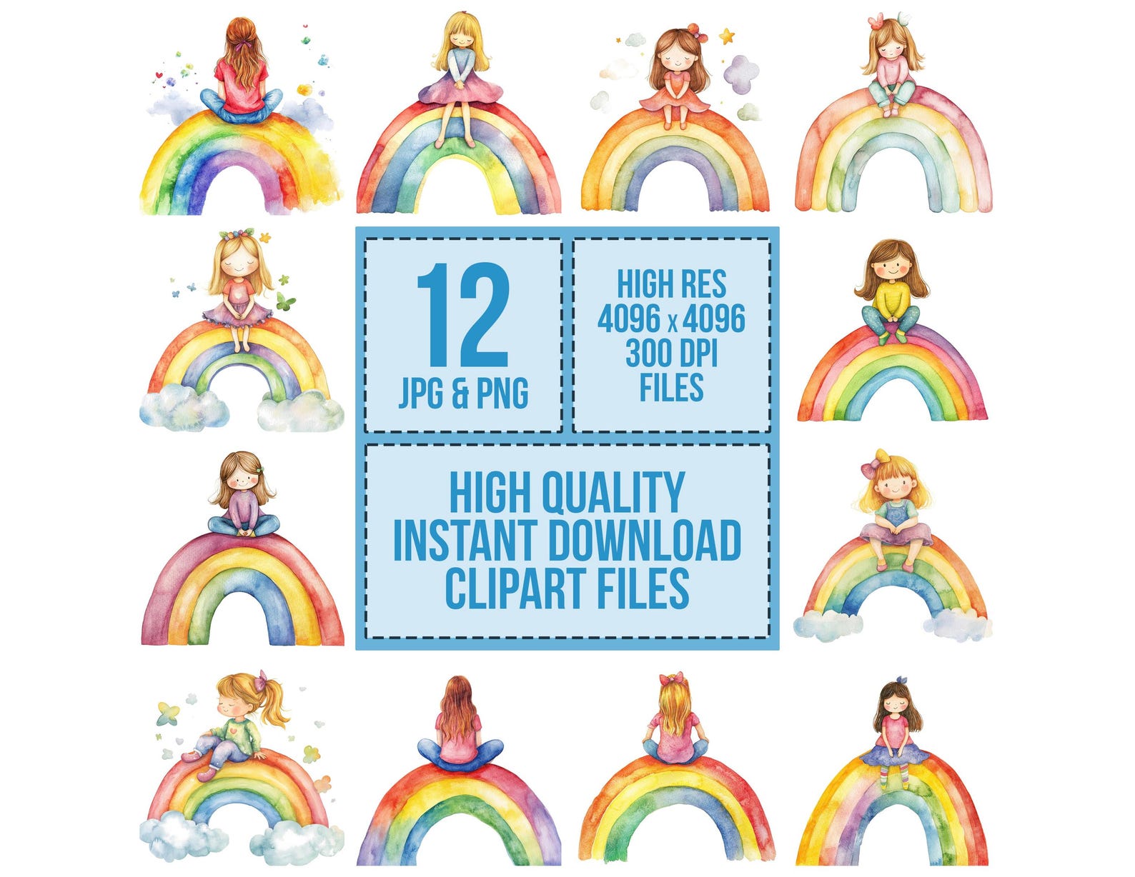 Watercolor Girl on Rainbow PNG Clip Art, 12x Colorful Kids ...