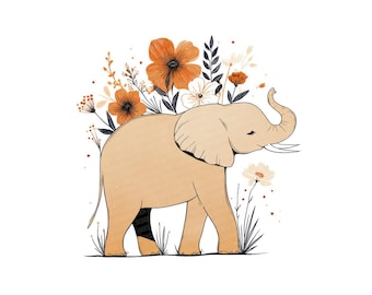 Elephant PNG Clipart, 12x Floral Line Art Clipart Set, Printable Watercolor Clipart, Digital Download, Transparent PNG, Jungle Animal Design