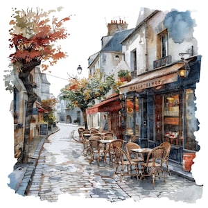 Paris Street Clipart, 12 JPGs, Französisches Cafe Frankreich, druckbare Aquarell Clipart, Wandkunst, digitaler Download, Junk Journals, Grafiken