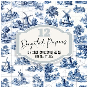 Può includere: Una collezione di 12 carte digitali con un design toile de Jouy blu e bianco. Ogni carta presenta un paesaggio rurale con mulini a vento, alberi e case. Le carte misurano 30.48 cm x 30.48 cm e sono JPG di alta qualità.