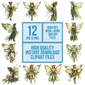 Watercolor Fairy PNG Clip Art, 12x Forest Fairy Clipart Set, Green Leaf ...