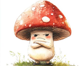 12x Angry Toadstool PNG Clipart, Watercolor Grumpy Mushroom PNG Set, Printable Cartoon Mushroom Clip Art, Digital Download for Crafts PNGs