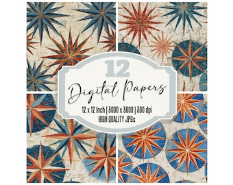12x Folk Art Compass Roses Junk Journal Paper Terracotta Azure Distressed Digital Paper Pack Scrapbook Ephemera Decoupage Download