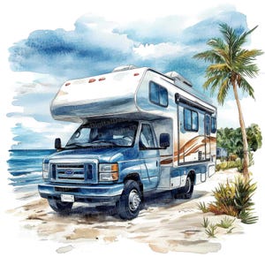 12 cliparts camping-car, aquarelle pour camping-car sur la plage, clipart voyage d'été, JPG haute qualité, téléchargement numérique, créations en papier, clipart voyage d'été