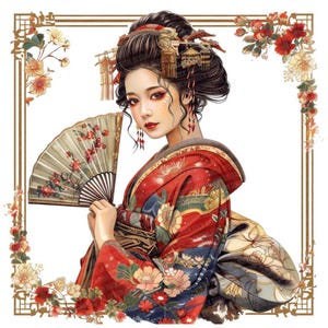 Geisha PNG Clipart, 12x Japanese Fan Lady Art Set, Printable Watercolor Clip Art, Digital Download, Transparent Background PNG, Kimono Art
