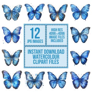 12 Blue Morpho Butterfly Clipart, Arte de borboleta em aquarela, Clipart de aquarela para impressão, Artesanato em papel, Arte de parede, Download digital, Diários de lixo