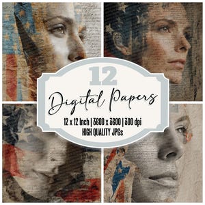 12x EUA Mulher Papel de Diário de Lixo Bandeira Americana Colagem Pacote de Papel Digital JPGs de Alta Qualidade Estrelas Vintage Textura Fundos Imprimíveis