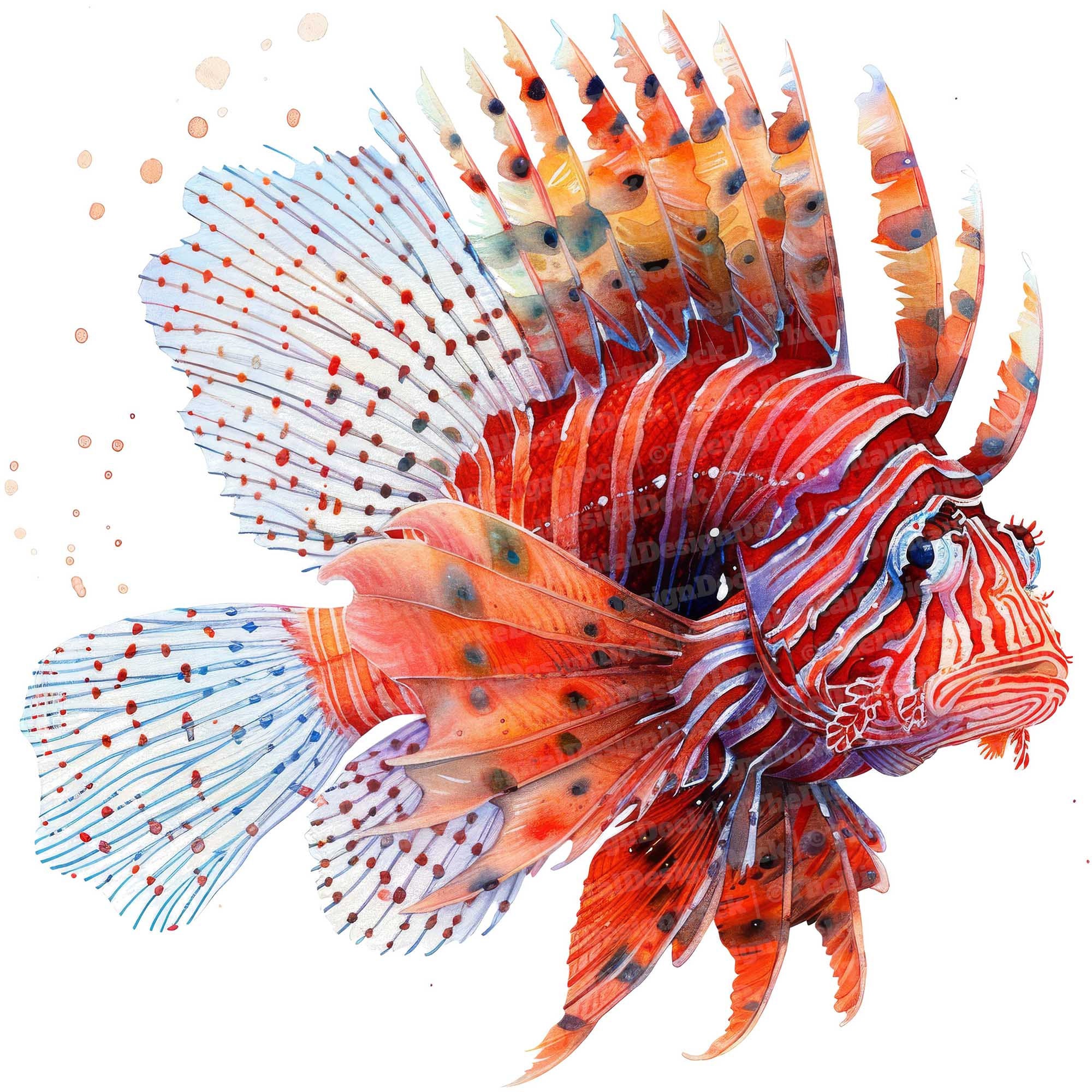 ミノカサゴの水彩画クリップアート、12 JPG、エキゾチックな魚の