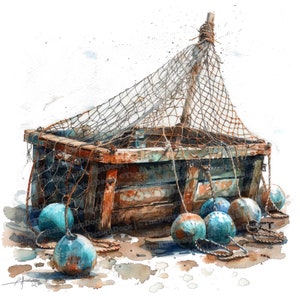 Filets de pêche Clipart, 12 fichiers JPG, clipart aquarelle nautique, clipart aquarelle imprimable, créations en papier, téléchargement numérique, journaux indésirables