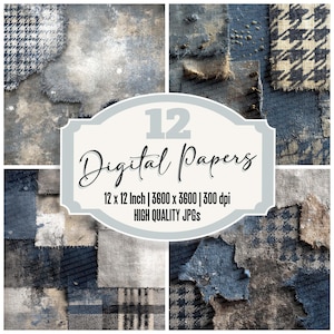 12x Denim Houndstooth Junk Journal Paper Patchwork Digital Paper Pack Scrapbook Paper Printable Paper High Quality JPGs