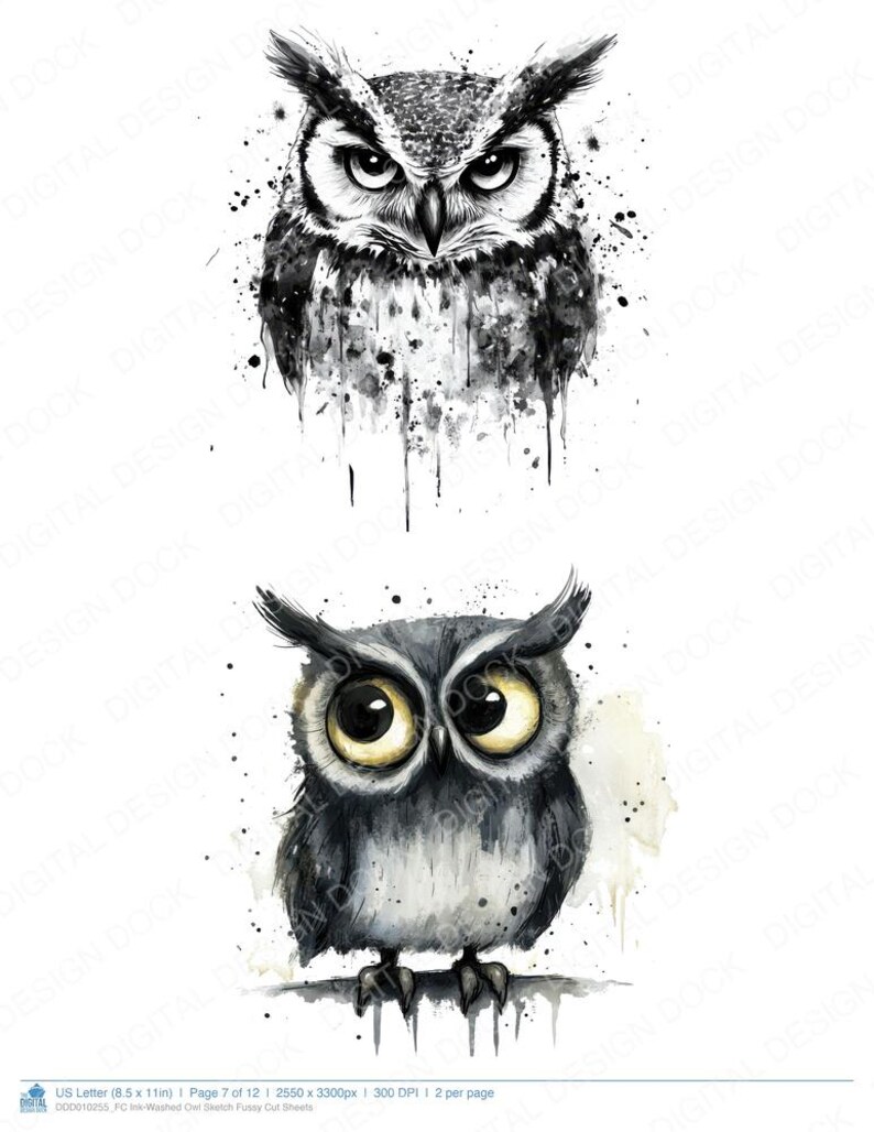 Washed Owl Ink-washed Owl Sketch Fussy Cut Sheets, 12x Printable Pages, Watercolor ...