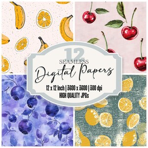 12x Nahtlose Obst Muster Papier Junk Journal Digitales Papier Pack Aquarell Obst Design Hochwertige JPGs Download