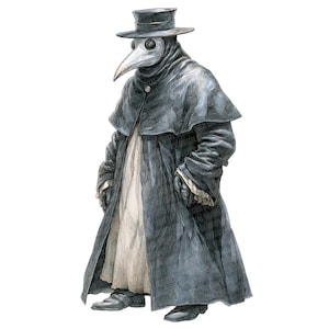 May include: Watercolor illustration of a plague doctor in a long, dark coat, hat, and bird-like mask. The doctor's attire includes a long coat, gloves, and boots. The image is set against a white background.