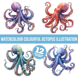 Aquarell bunte Oktopus Clipart, 12 JPGs, Meerestier Oktopus Bilder, Illustration, Wandkunst, digitaler Download, T-shirt, Mixed Media