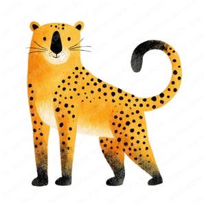 Può includere: Illustrazione ad acquerello di un ghepardo stilizzato. Il ghepardo ha un corpo giallo-arancio con macchie nere, zampe nere e una coda con la punta nera. Il ghepardo è su sfondo bianco.