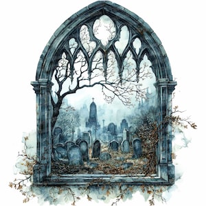 12x Gothic Cemetery Clipart, Haunted Graveyard Window, Printable Watercolor Clipart, Paper Crafts, Wall Art, Digital Download, Junk Journals