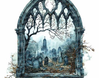 12x Gothic Cemetery Clipart, Haunted Graveyard Window, Printable Watercolor Clipart, Paper Crafts, Wall Art, Digital Download, Junk Journals