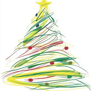 Puede incluir: Ilustraci&oacute;n caprichosa de un &aacute;rbol de Navidad con una estrella amarilla en la parte superior. El &aacute;rbol est&aacute; representado con pinceladas sueltas y coloridas en tonos amarillos, verdes y rojos, con peque&ntilde;os adornos rojos y verdes. El dise&ntilde;o tiene un toque moderno y art&iacute;stico.