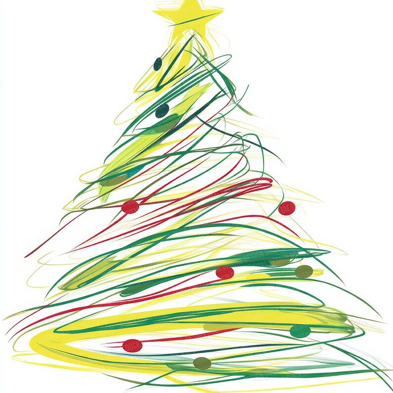 Puede incluir: Ilustraci&oacute;n caprichosa de un &aacute;rbol de Navidad con una estrella amarilla en la parte superior. El &aacute;rbol est&aacute; representado con pinceladas sueltas y coloridas en tonos amarillos, verdes y rojos, con peque&ntilde;os adornos rojos y verdes. El dise&ntilde;o tiene un toque moderno y art&iacute;stico.