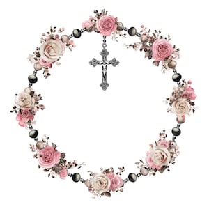 May include: A floral rosary design featuring pink and cream roses, dark beads, and a silver crucifix. The arrangement is circular, with the flowers and beads forming a decorative border around the cross.