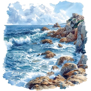 Puede incluir: Pintura a la acuarela de una escena costera. La obra representa una costa rocosa con grandes rocas y olas rompiendo. El océano es de un azul profundo y el cielo es azul claro con nubes blancas y esponjosas. La impresión general es la de un sereno paisaje marino.