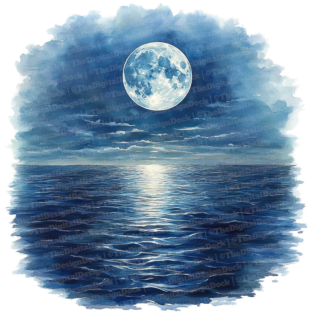 12 水の上の月のクリップアート、水彩の満月の反射、印刷可能な水彩