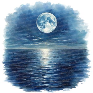 12 Clipart Luna sull'acqua, Riflesso della luna piena ad acquerello, Clipart stampabile ad acquerello, Artigianato di carta, Arte murale, Download digitale, Diari