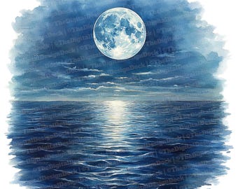 12 Moon Over Water Clipart, Watercolor Full Moon Reflection, Printable Watercolor Clipart, Paper Crafts, Wall Art, Digital Download,Journals