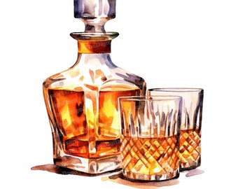12x Whiskey Decanter Set Clipart, Bourbon JPG Clipart, Printable Watercolor Clipart, Wall Art,Paper Crafts, Digital Download, Junk Journals