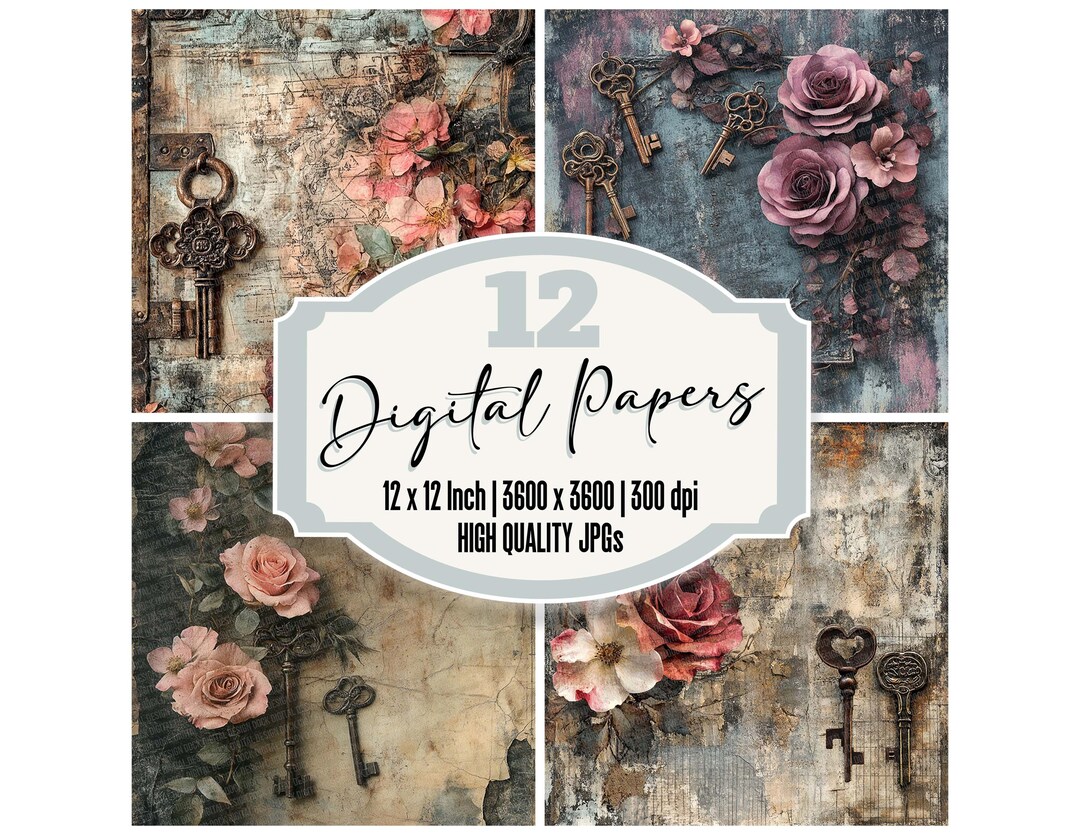 12x Rose Key Junk Journal Paper Vintage Floral Digital Paper Pack High ...