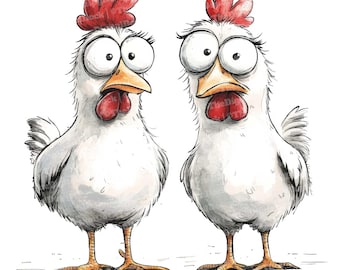 12 Funny Chicken Clip Art, Watercolor Quirky Chicken Friends Illustrations, High Quality JPG, Digital Download, Quirky Chickens,Paper Crafts