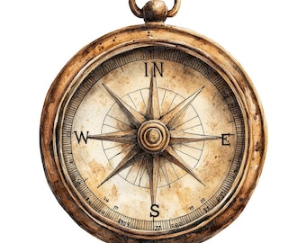 May include: A vintage brass compass with a white face and black markings. The compass has a needle pointing north, south, east, and west. The compass is a decorative item and would be a great addition to a nautical themed home.