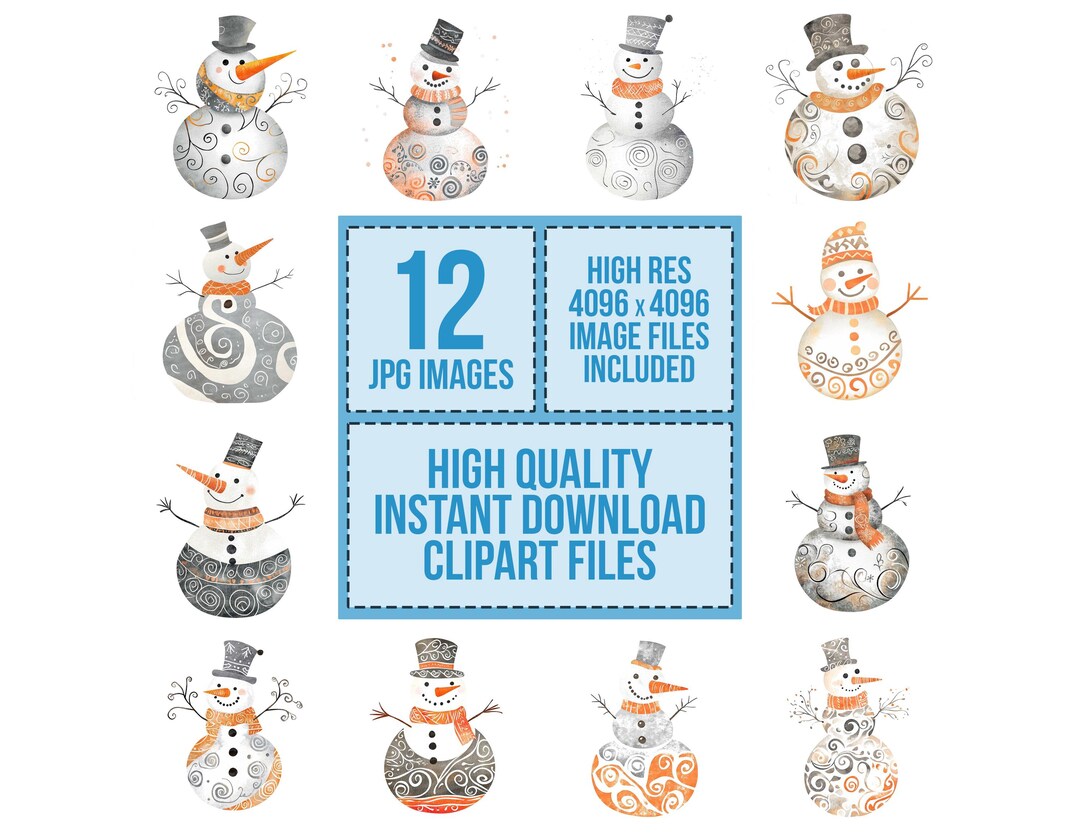 Folk Art Snowman Clip Art, 12x Decorative Snowman Clipart Set ...