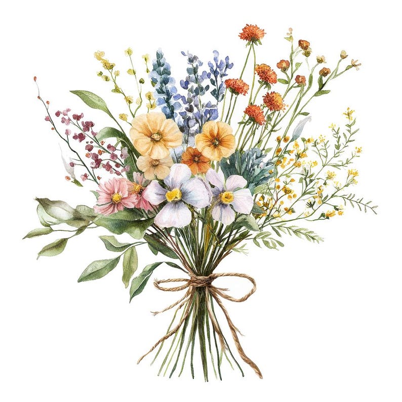 May include: A watercolour painting of a bouquet of wildflowers tied together with twine. The bouquet includes purple lavender, yellow and orange wildflowers, and white flowers with yellow centres.