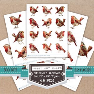 May include: Sheets of paper featuring watercolor illustrations of robins in various poses. The birds have red, brown, and cream-colored feathers. The text on the image reads "Fussy Cut Pages", "US Letter & A4 Sheets", "Inc. JPG + PNG Clipart", "48 PCS", "12 PAGES", and "300 DPI".