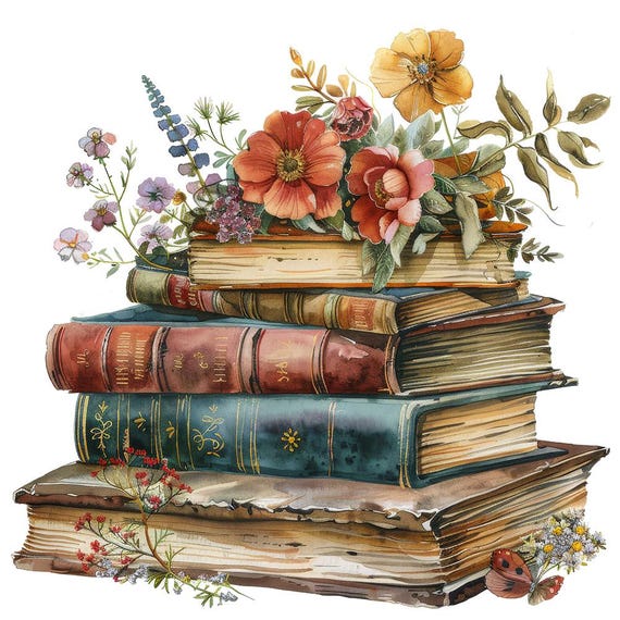12 plików PNG do pobrania w formacie Book Stack, zestaw biblioteczny z  motywami kwiatowymi w stylu vintage, grafiki botaniczne do druku,  przezroczyste ilustracje cyfrowe do dziennika - Etsy Polska
