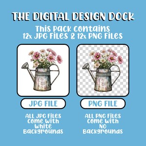 Puede incluir: Paquete de dise&ntilde;o digital con una ilustraci&oacute;n de acuarela de flores en una regadera. La imagen incluye un archivo JPG con fondo blanco y un archivo PNG sin fondo. El texto dice "THE DIGITAL DESIGN DOCK".