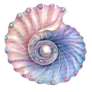 Imágenes prediseñadas de conchas marinas, juego de 12 imágenes prediseñadas de conchas con joyas de acuarela, arte digital imprimible, JPG de alta calidad, álbum de recortes, descarga digital