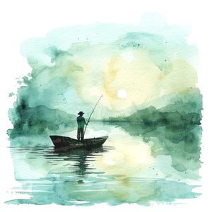 Clipart de barco de pesca, 12 archivos JPG, clipart de lago en acuarela, clipart de acuarela imprimible, manualidades de papel, arte mural, descarga digital, revistas basura