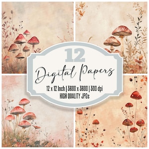 12 x Cottagecore champignons papier numérique fard à joues champignon indésirable papier journal arrière-plans forêt d'automne JPG de haute qualité texture en détresse téléchargement