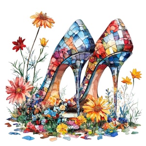 12 x hoge hak schoen clipart, bloemen hoge hakken clipart, afdrukbare aquarel clipart, papier ambachten, kunst aan de muur, digitale download, ongewenste tijdschriften