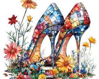 12 imágenes prediseñadas de zapatos de tacón alto, imágenes prediseñadas de tacones altos florales, imágenes prediseñadas de acuarela imprimibles, manualidades en papel, arte de pared, descarga digital, diarios creativos
