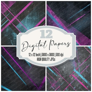 May include: A digital art collection featuring 12 abstract digital papers. Each paper has a dark background with diagonal lines in shades of blue and pink. The text on the image reads "12 Digital Papers, 12 x 12 Inch, 3600 x 3600, 300 dpi, High Quality JPGs."
