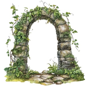May include: A stone archway overgrown with green vines and foliage. The archway is made of rough-hewn stones and has a rustic, natural look. The vines are climbing up the sides of the archway and are creating a lush, green canopy.