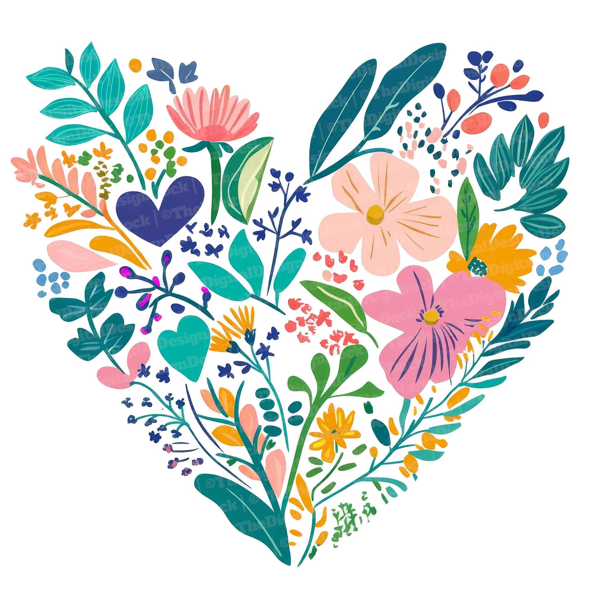 Heart Floral Clipart Set, 12 Vibrant Nature Illustrations, Printable ...